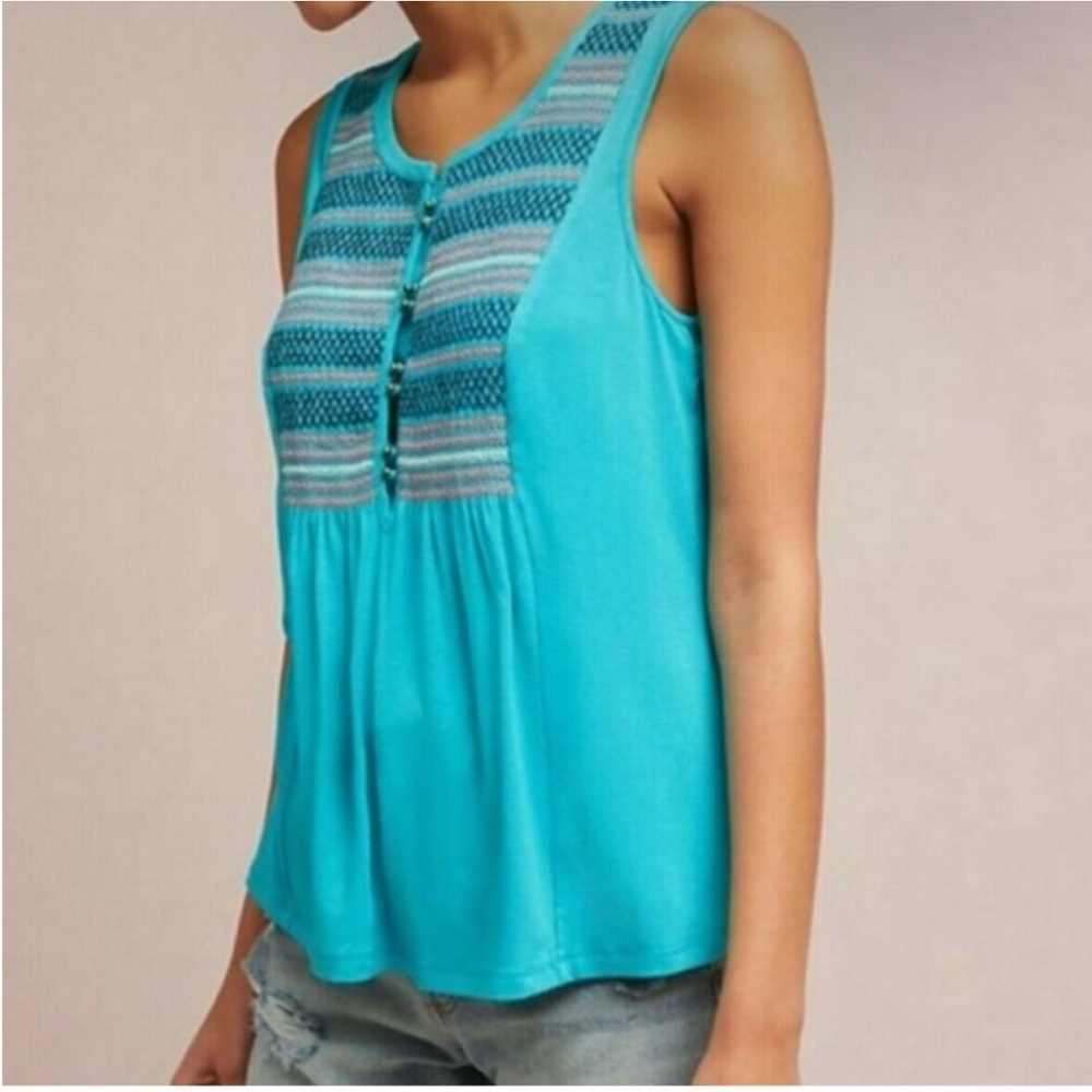 GUC Anthropologie Maeve Sleeveless Blue Smocked Button Top